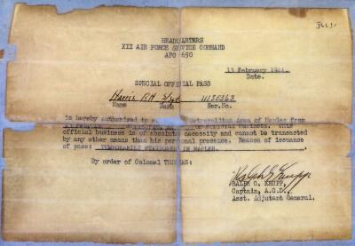 13 February 1944, XII Air Force Service Command, Special Official Pass, to the Metropolitan Area of Naples